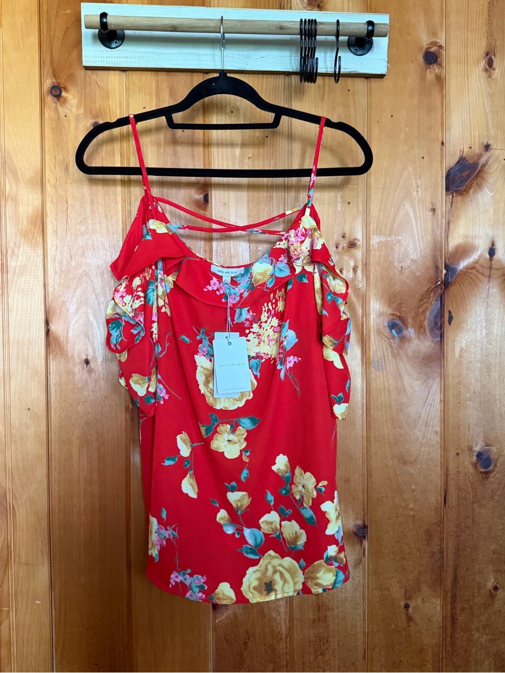 Skies Are Blue Red Floral Cold-Shoulder Cami with Crisscross Back